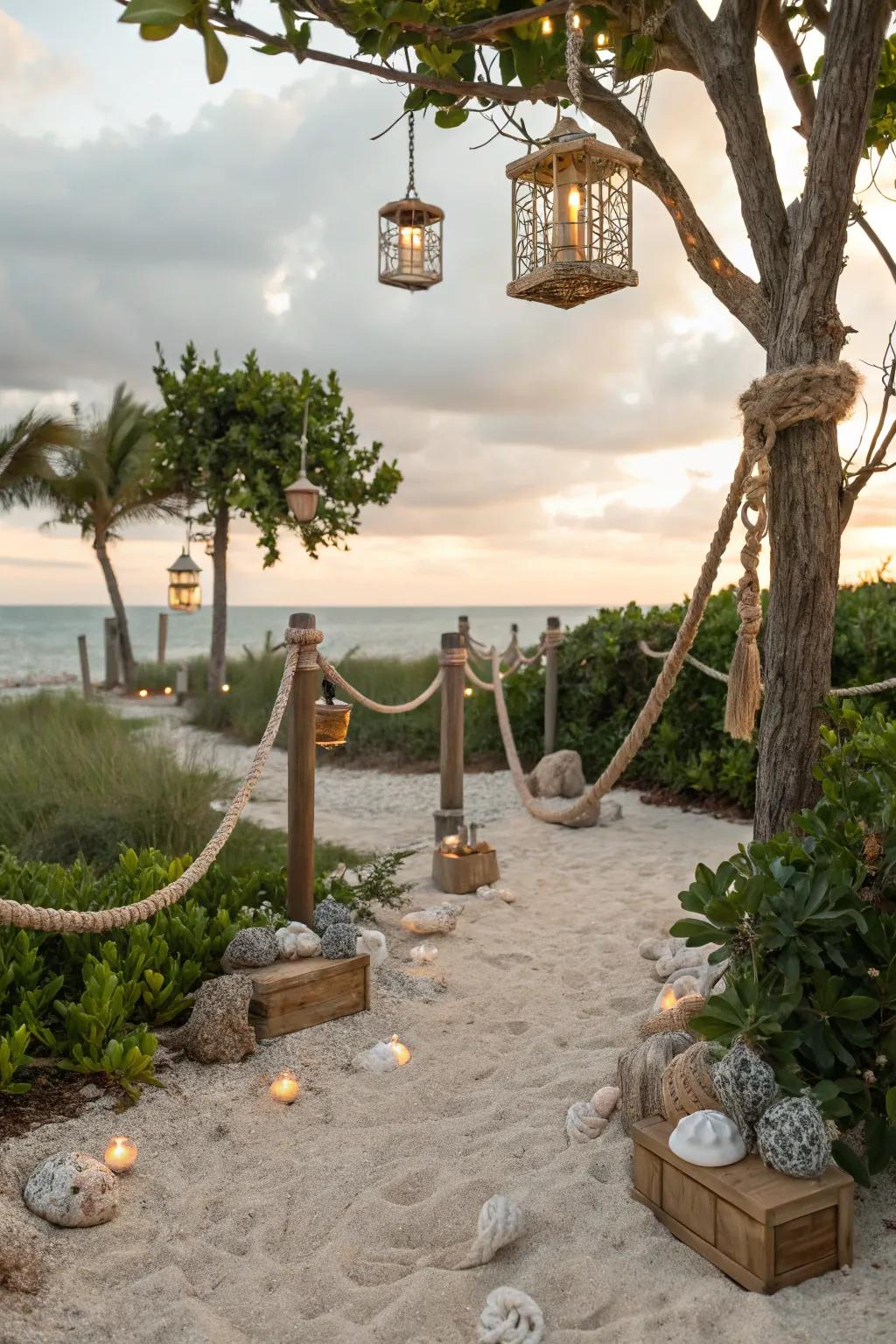 Beach-inspired decor like cordage and beacons evoke a seaside escape.