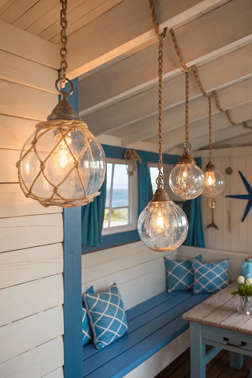 Glass float illumination cultivates an imaginative seaside ambiance.