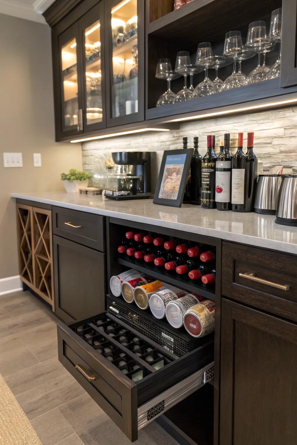 Smart storage solutions keep your bar area neat and organized.
