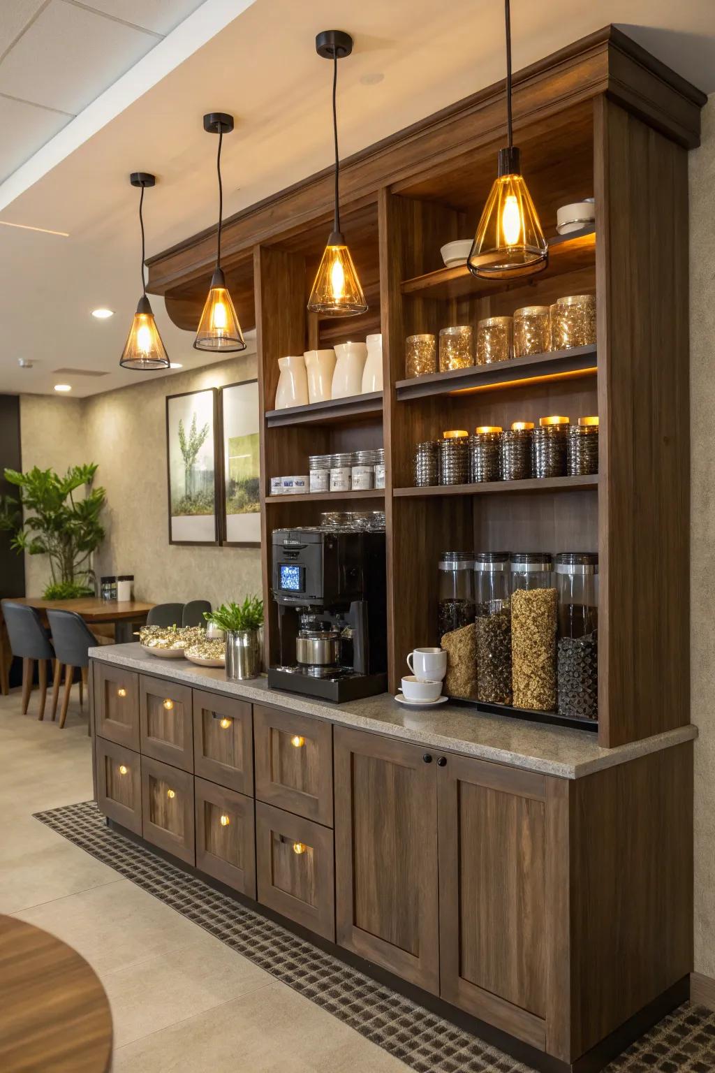 Ornamental illumination incorporating warmth into the coffee bar.