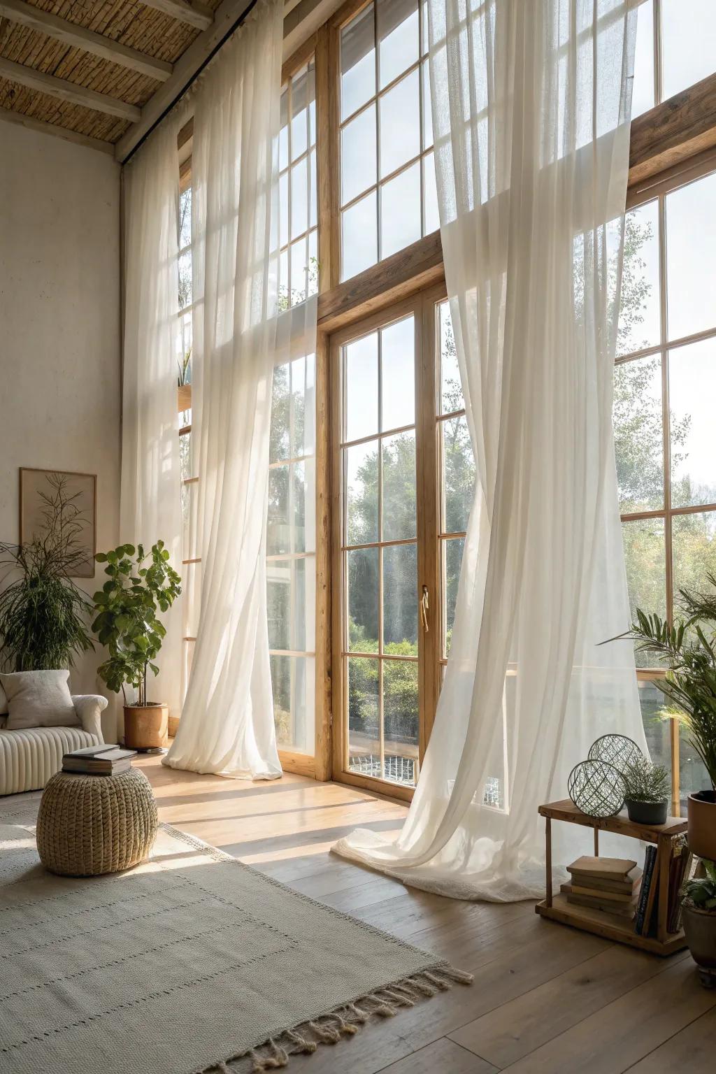 A bright and airy room featuring large windows and sheer curtains.