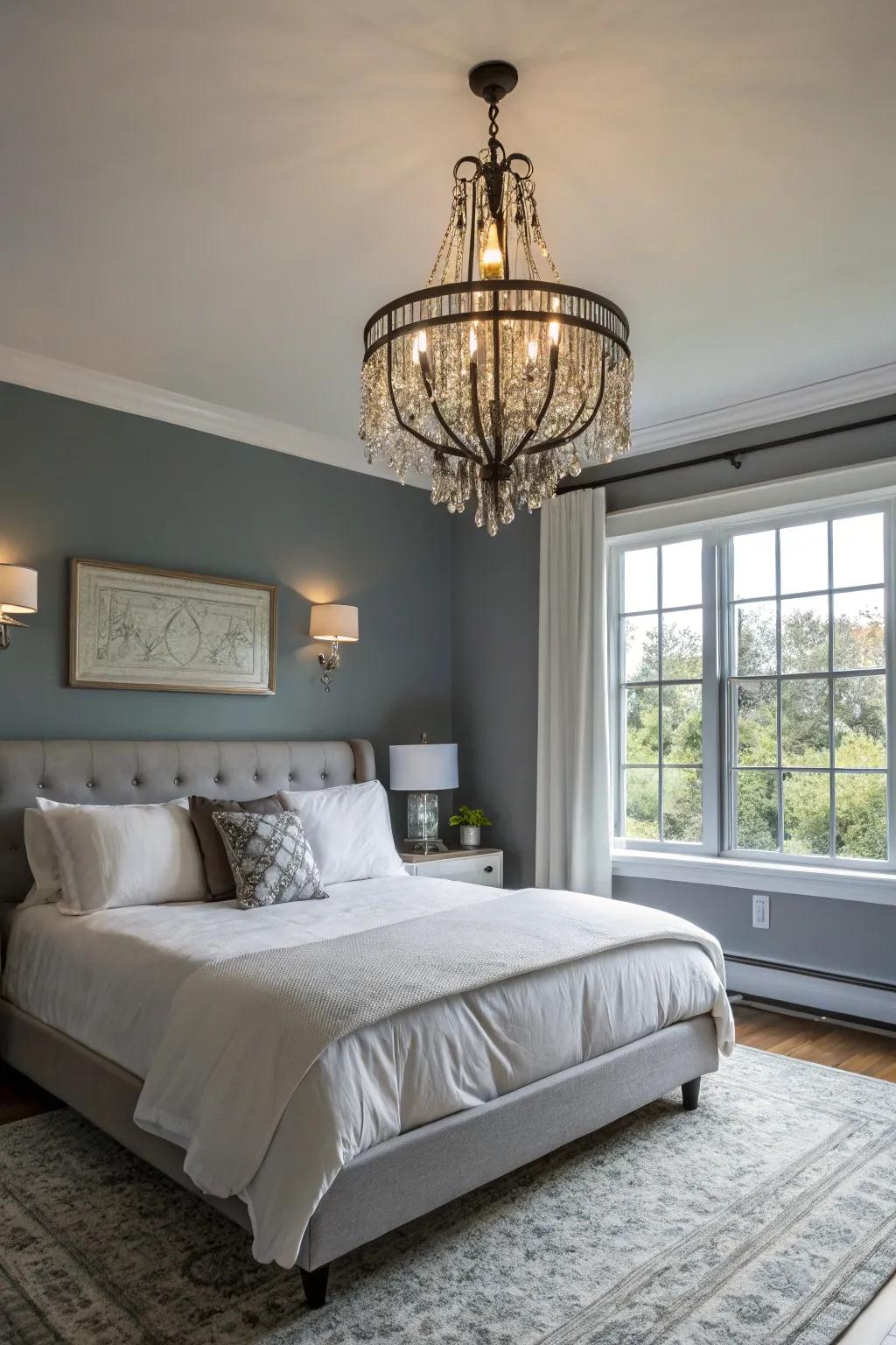 Elegant lighting enhances the style of this color-saturated bedroom.