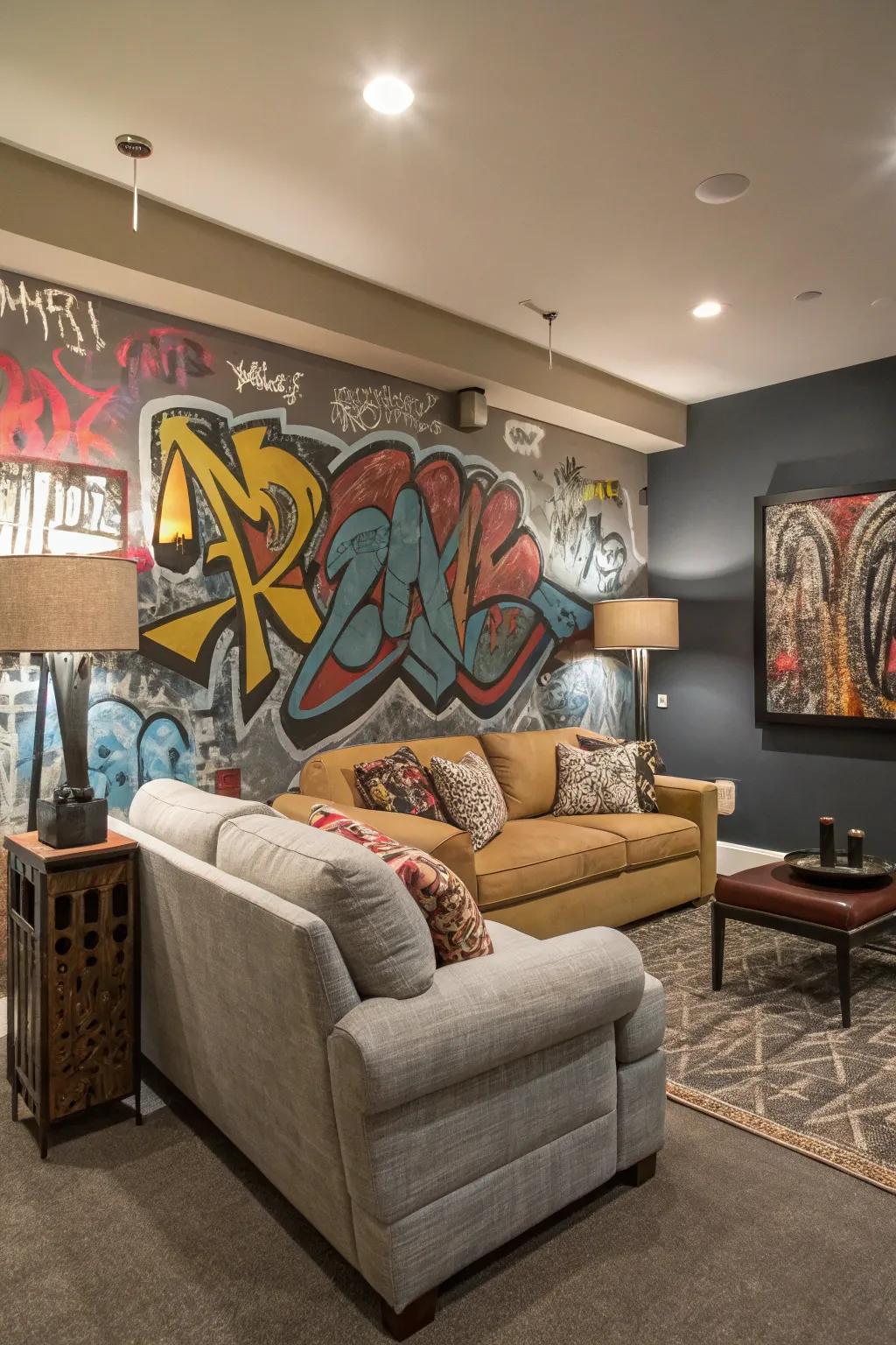 A living room highlighting a vibrant graffiti feature wall as its focal point.