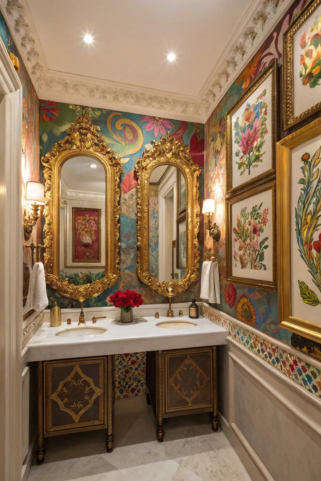 Elaborate mirrors and colorful art introduce refinement to this powder room.