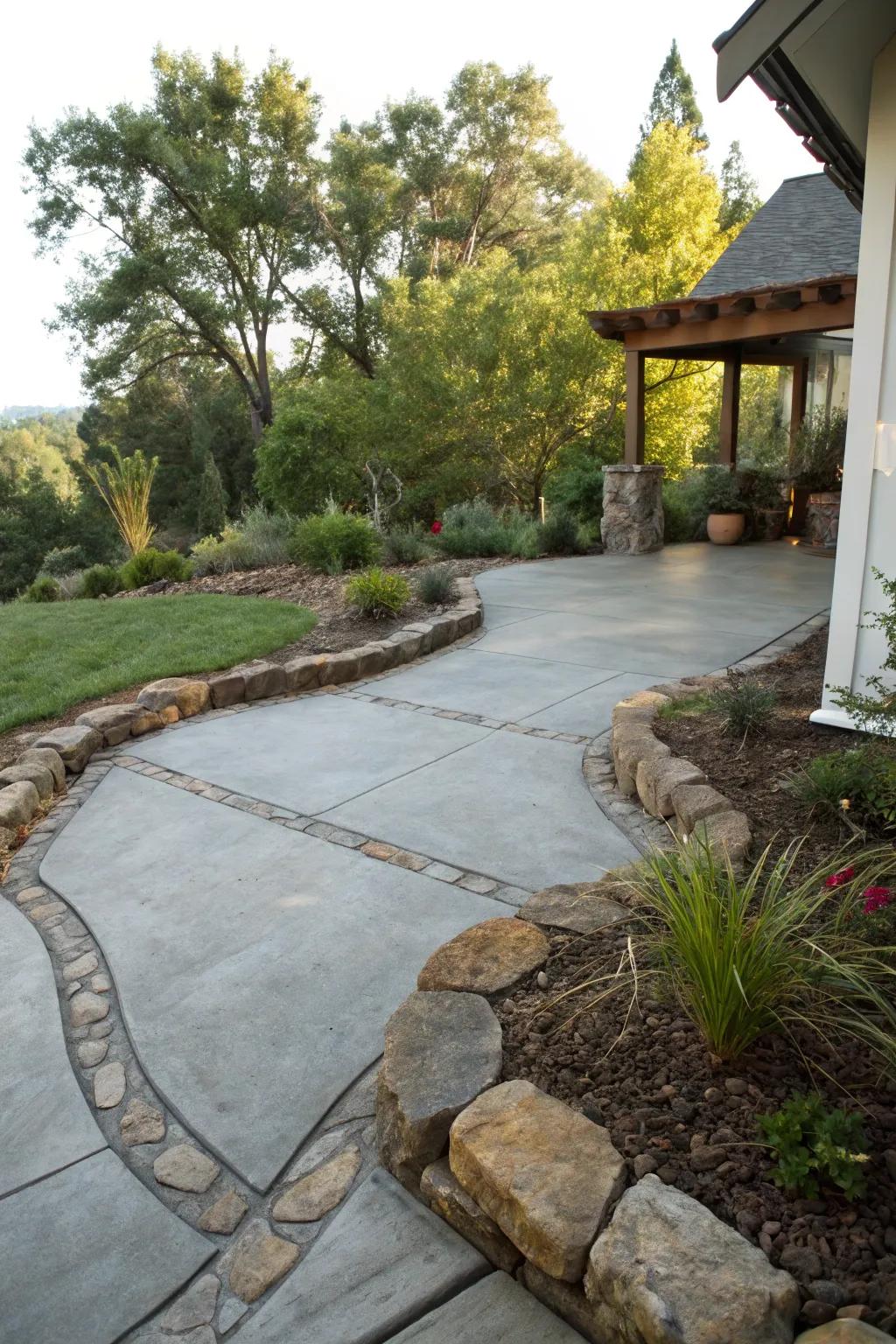 Natural stone borders provide rustic charm and enduring appeal.
