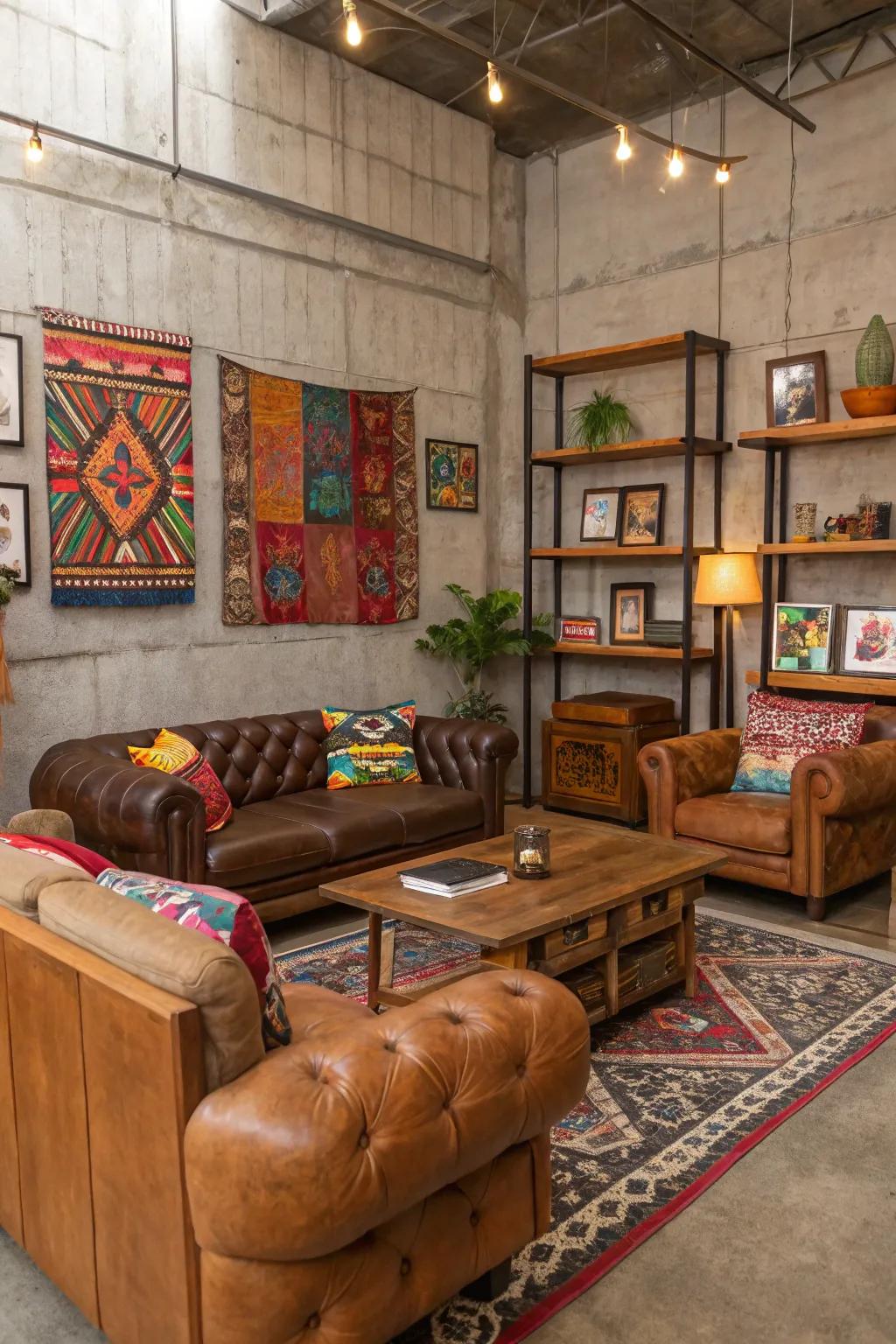 Diverse decor breathes life into concrete walls with rich textures.