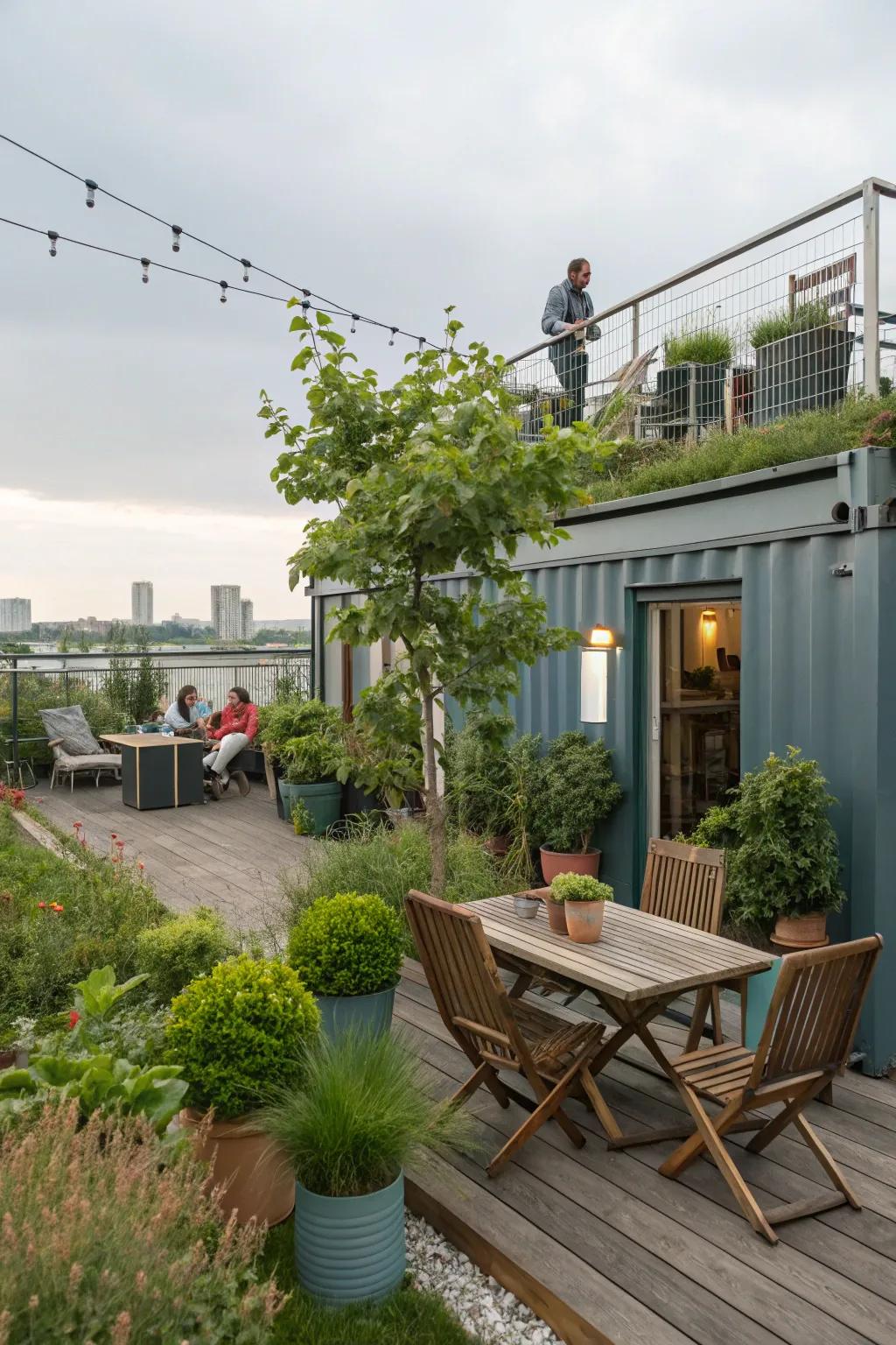 A lush garden terrace complements this container home.