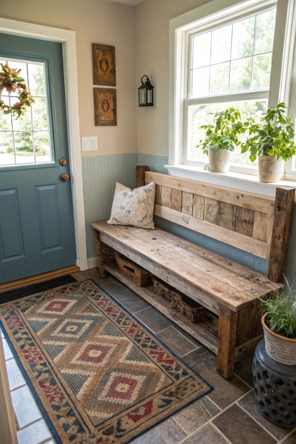 Vintage allure with a rustic, repurposed bench.