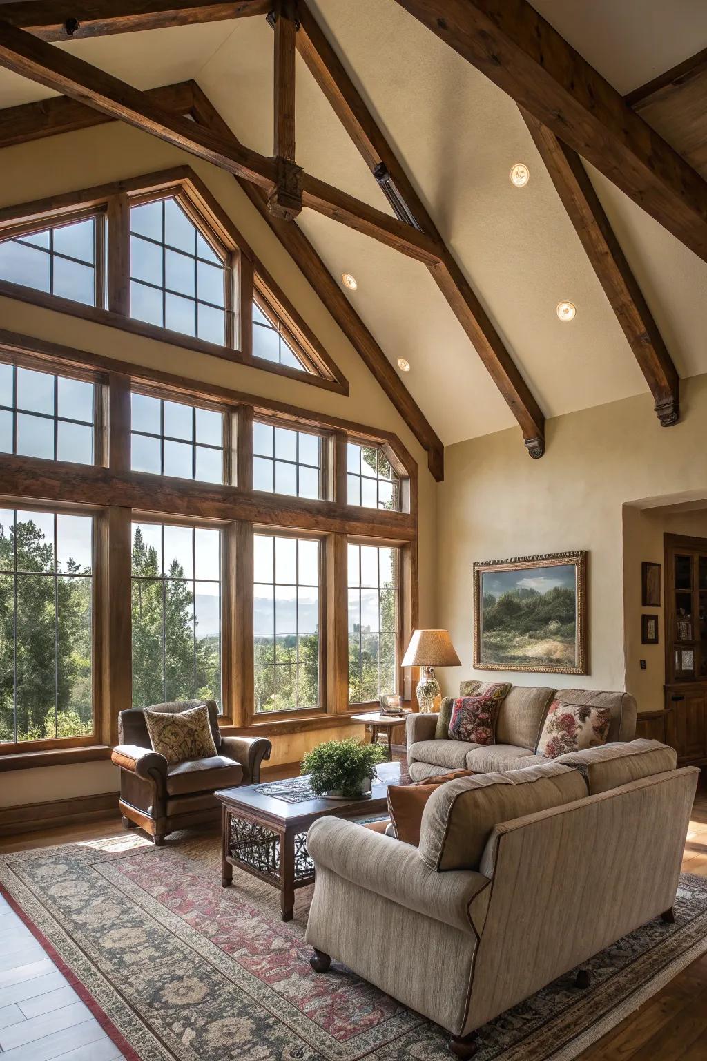 Structural characteristics like expansive windows introduce sunlight and allure to this space.