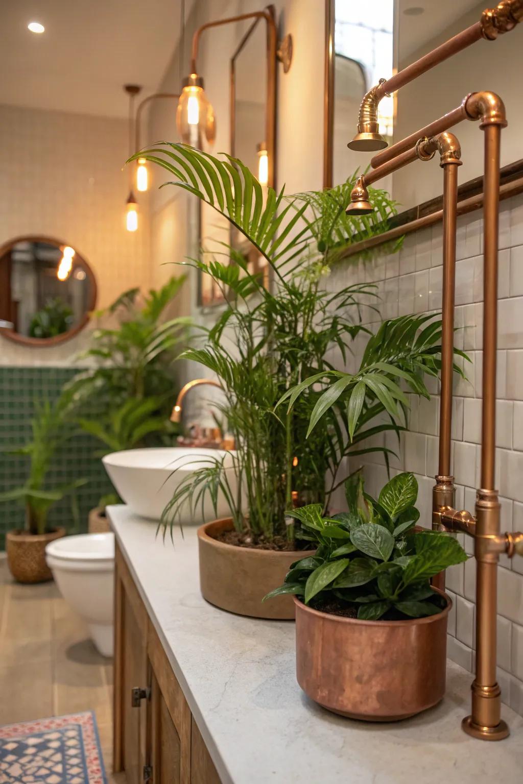 The cozy shades of copper are beautifully complemented by greenery.