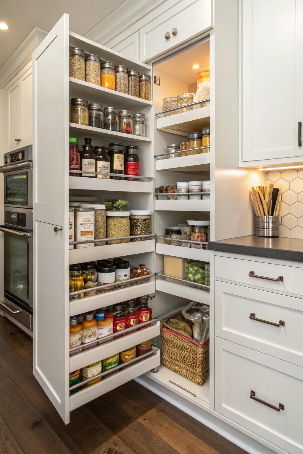 Corner pantry featuring sliding drawers for easy convenience.