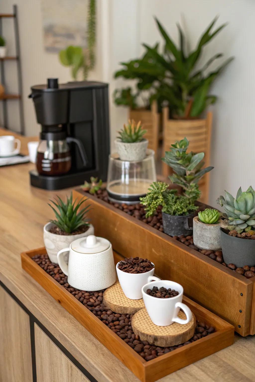 Plants introduce an invigorating component to your coffee corner.