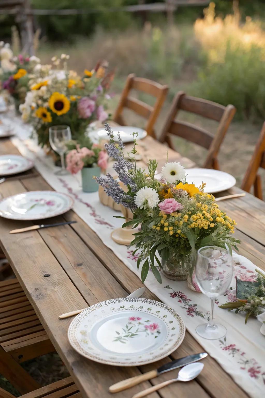 Distinctive and inviting table compositions for a rural nuptial.