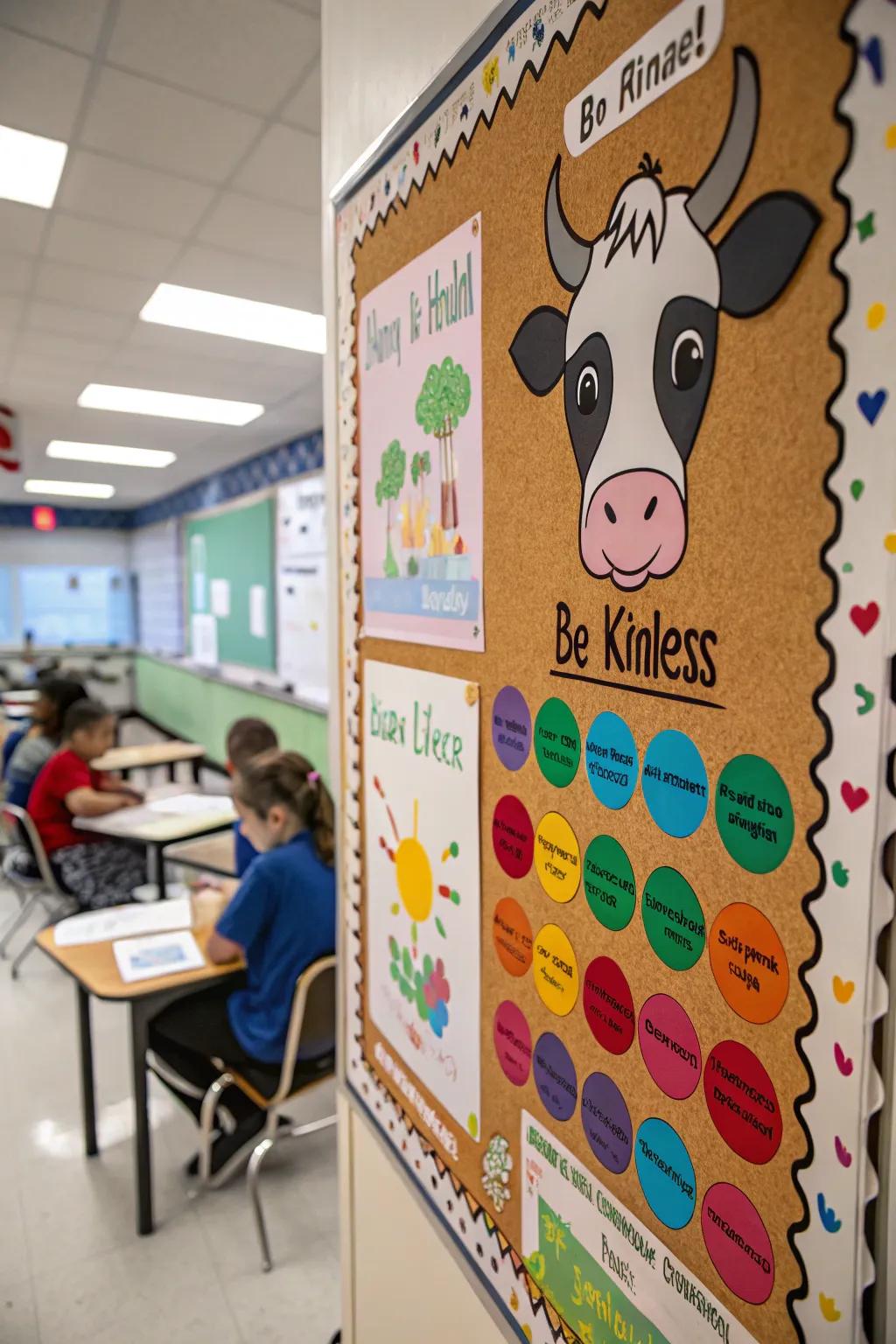 A 'Kindness Bovines' board championing positive actions