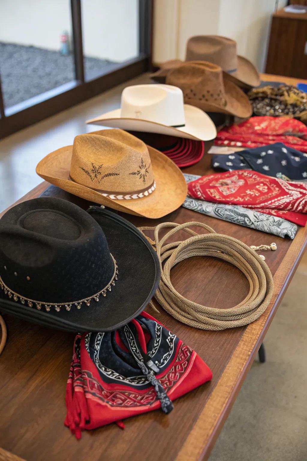 Doodads like hats and bandanas add a playful touch to any cowgirl shindig.