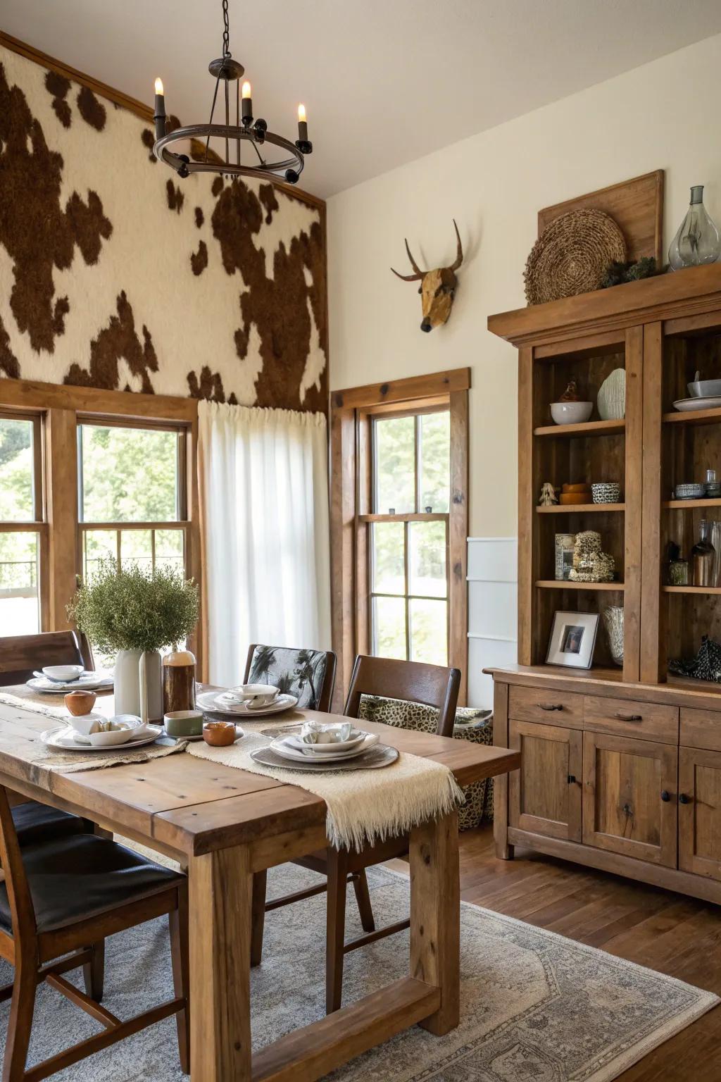 A dining room featuring cowhide decor paired with rustic farmhouse furniture.