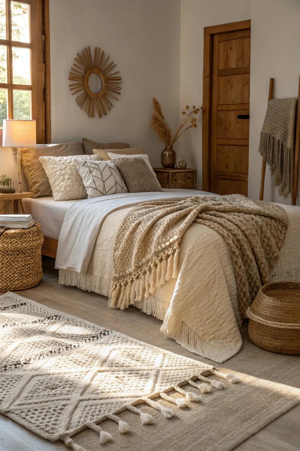 A snug bedroom defined by layered earth-toned fabrics and welcoming textiles.