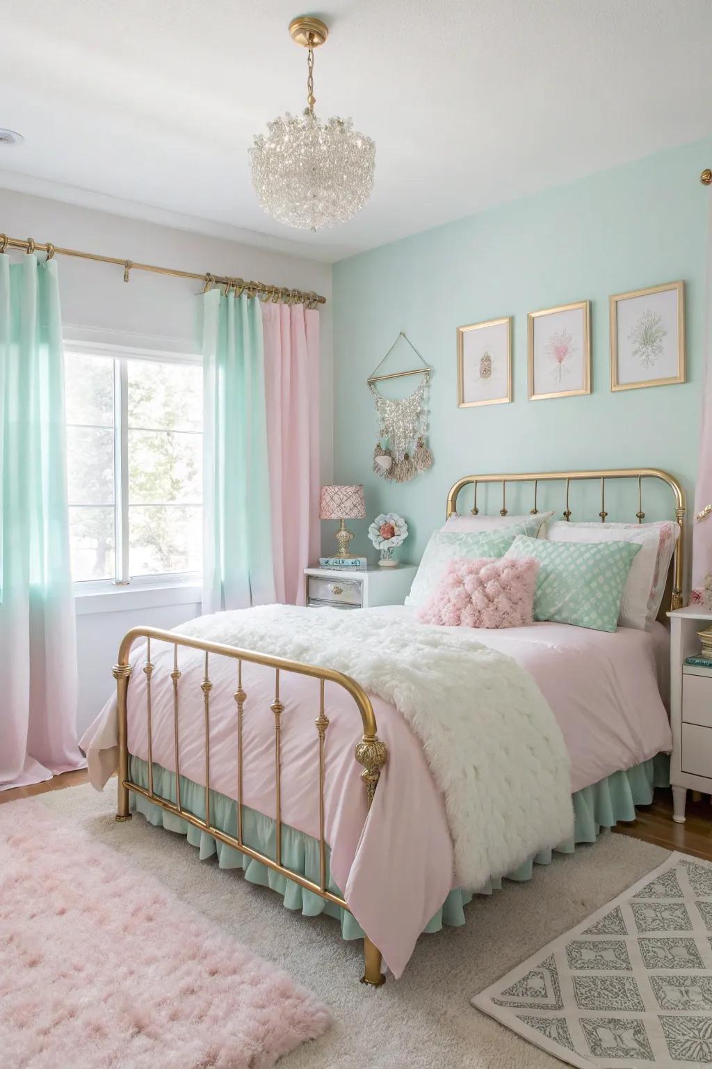 Soft light shades and metallic highlights craft a serene and glamorous bedroom.