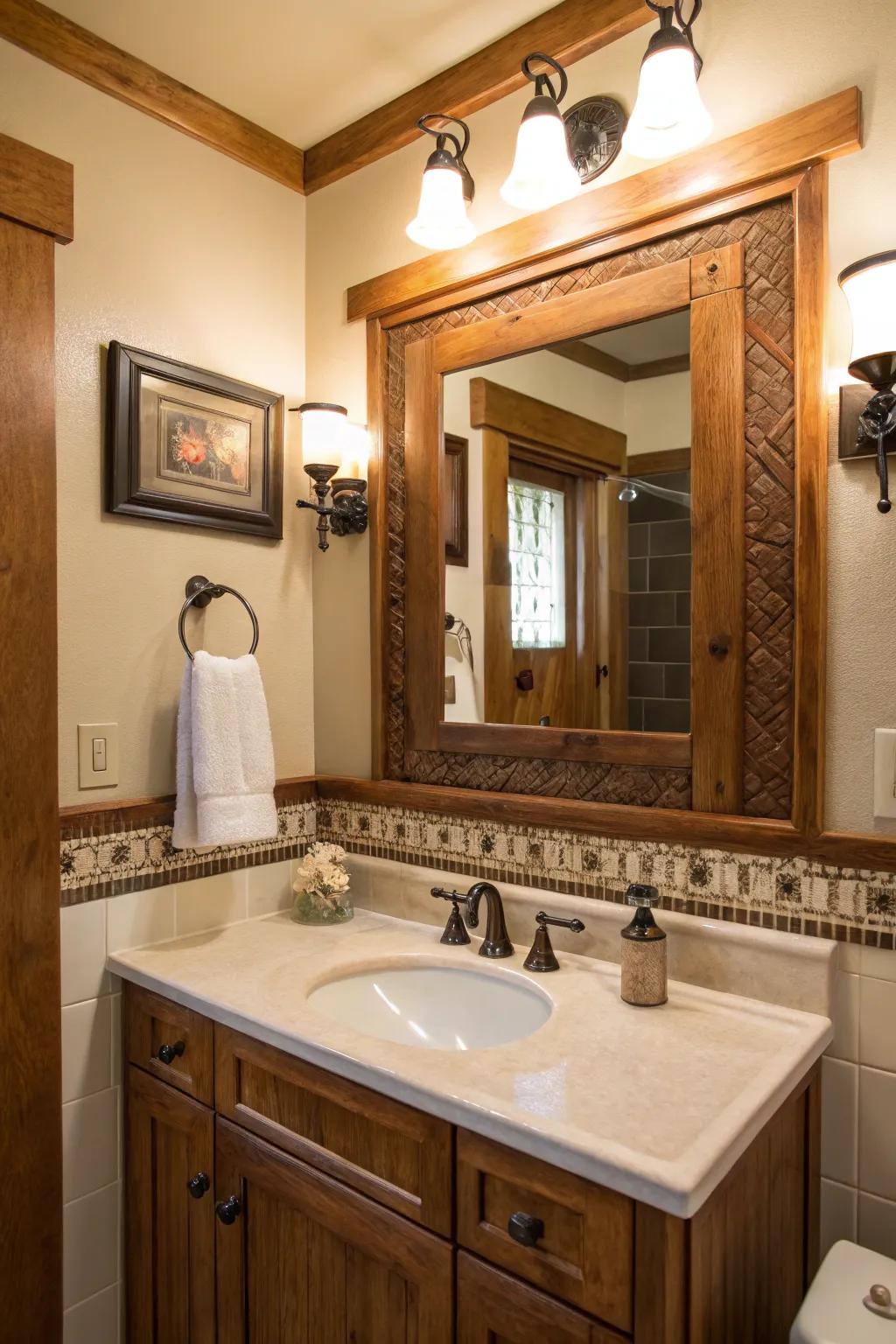 A charming wood-framed reflection enhancing the craftsman bathroom design.