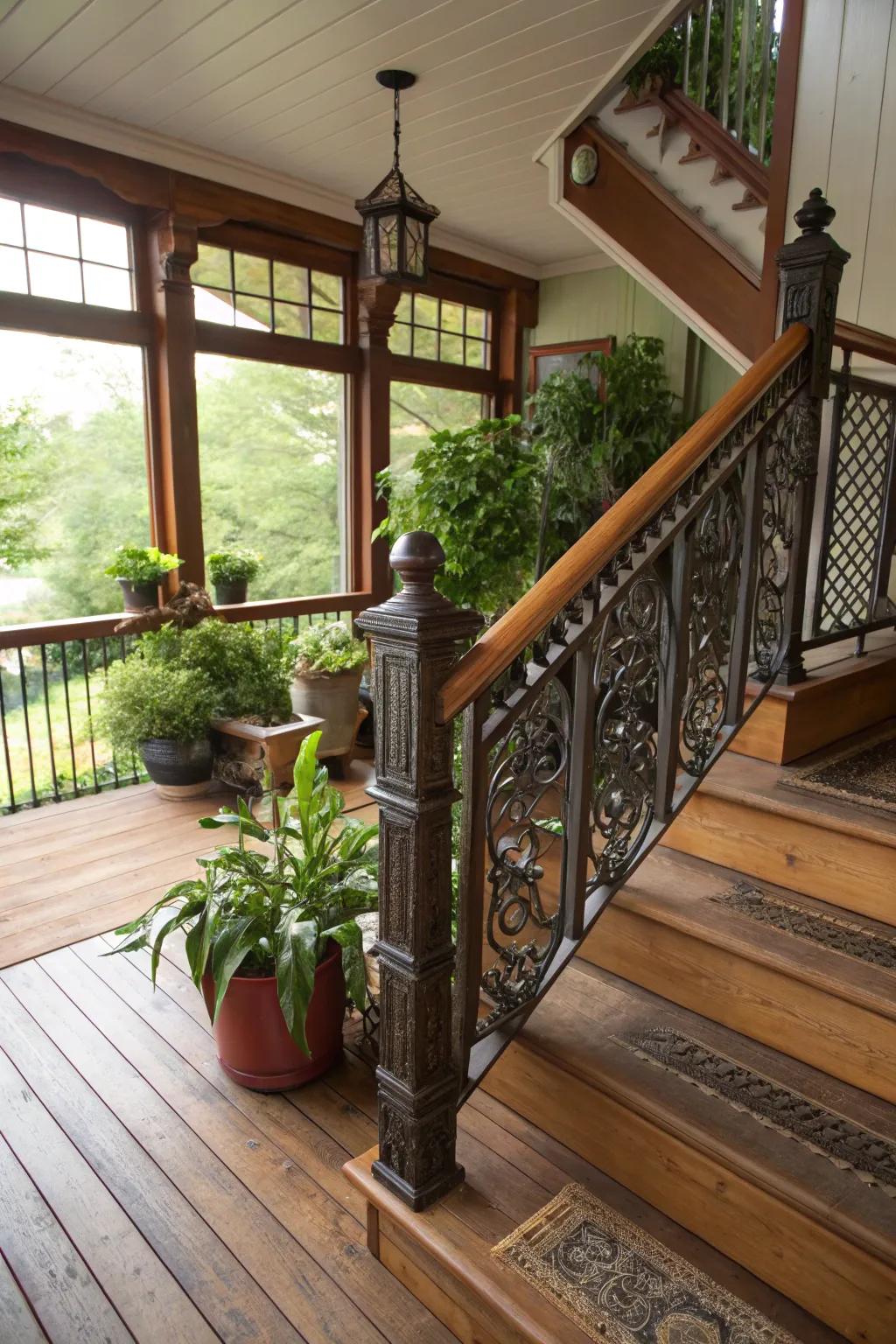 Smooth indoor to outdoor flow with Craftsman railings.