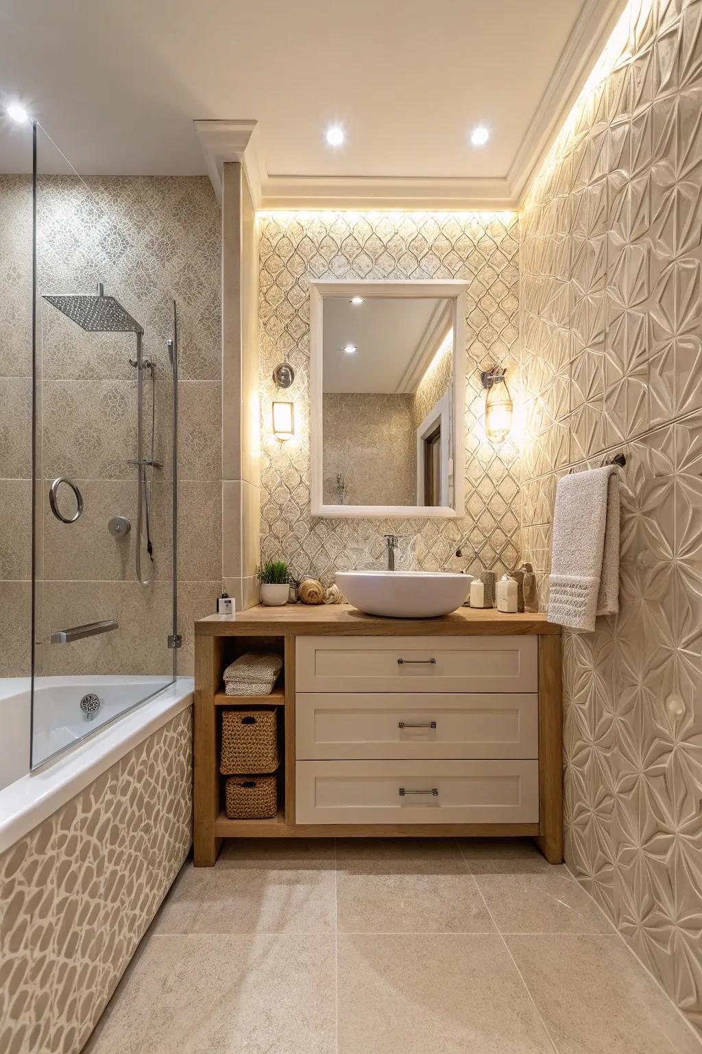 Textured tiles introduce a layer of depth in this cream bathroom.