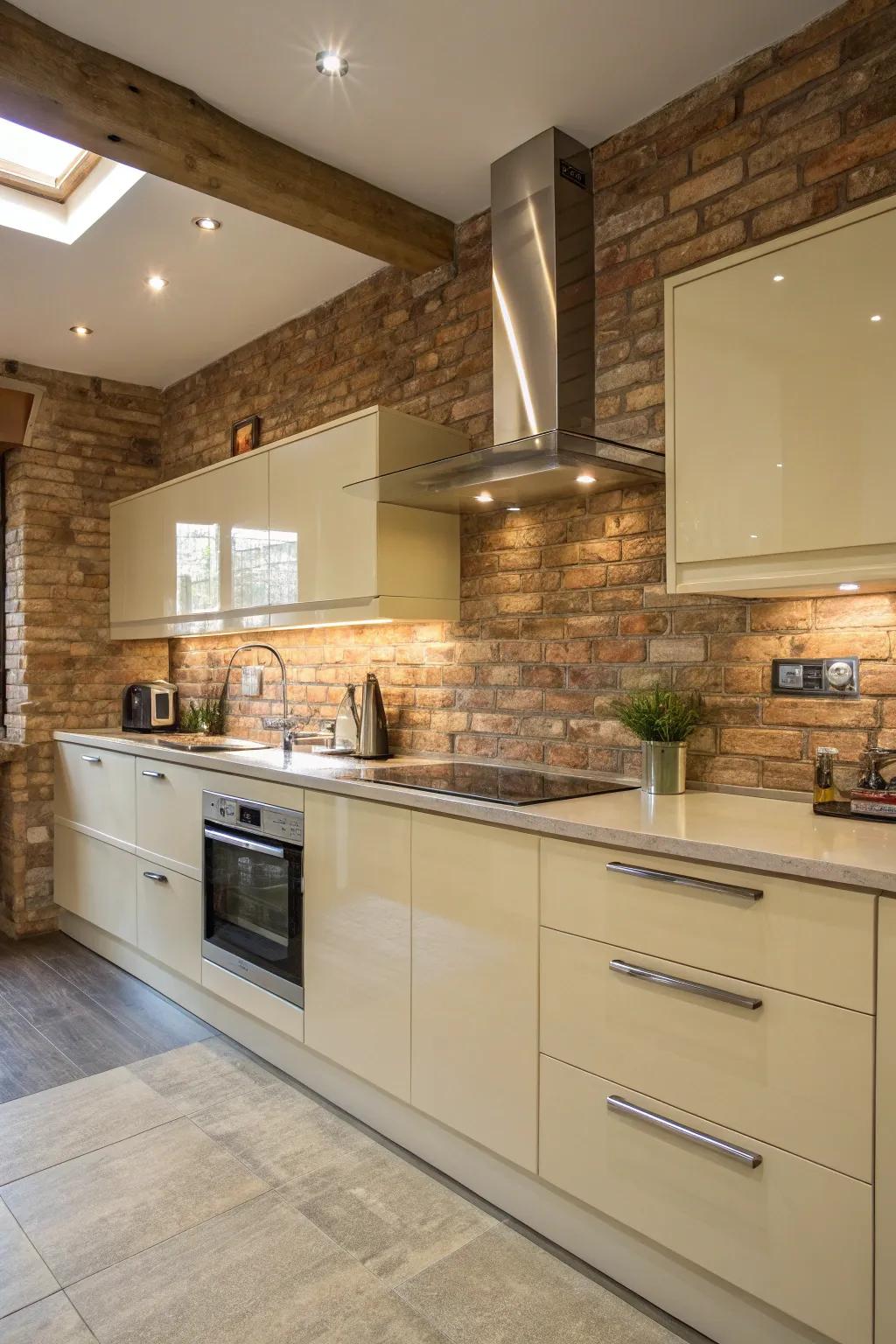 A blend of gloss and grounded textures to achieve a balanced, vibrant kitchen design.