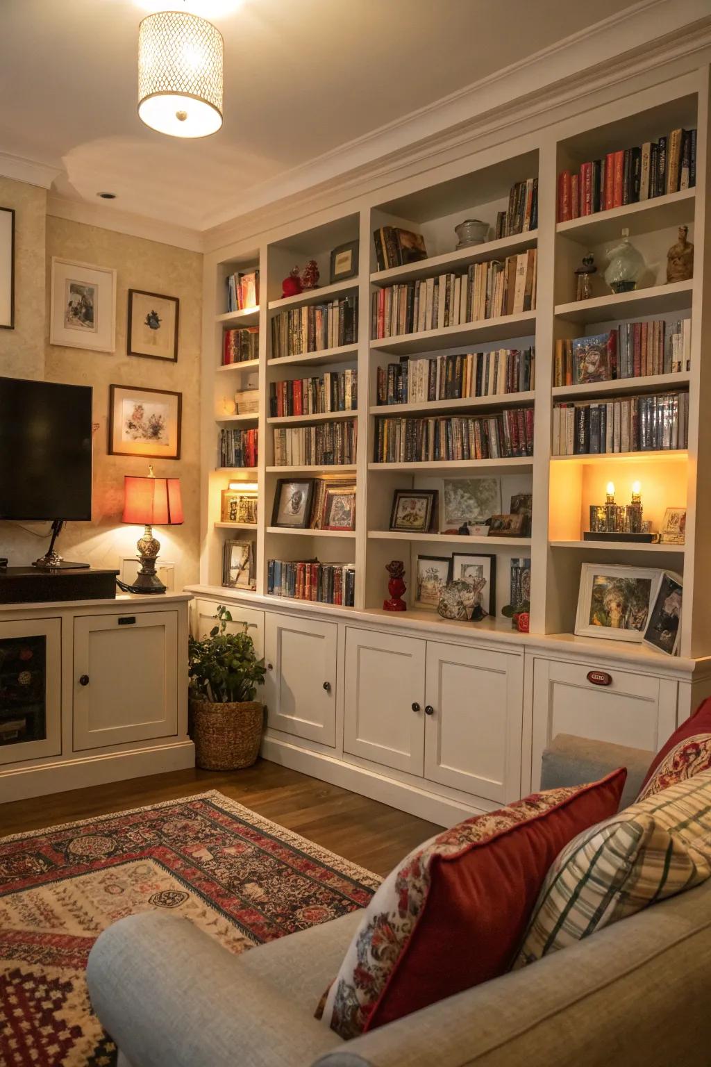 A bookshelf feature wall introduces a bold and impactful statement.