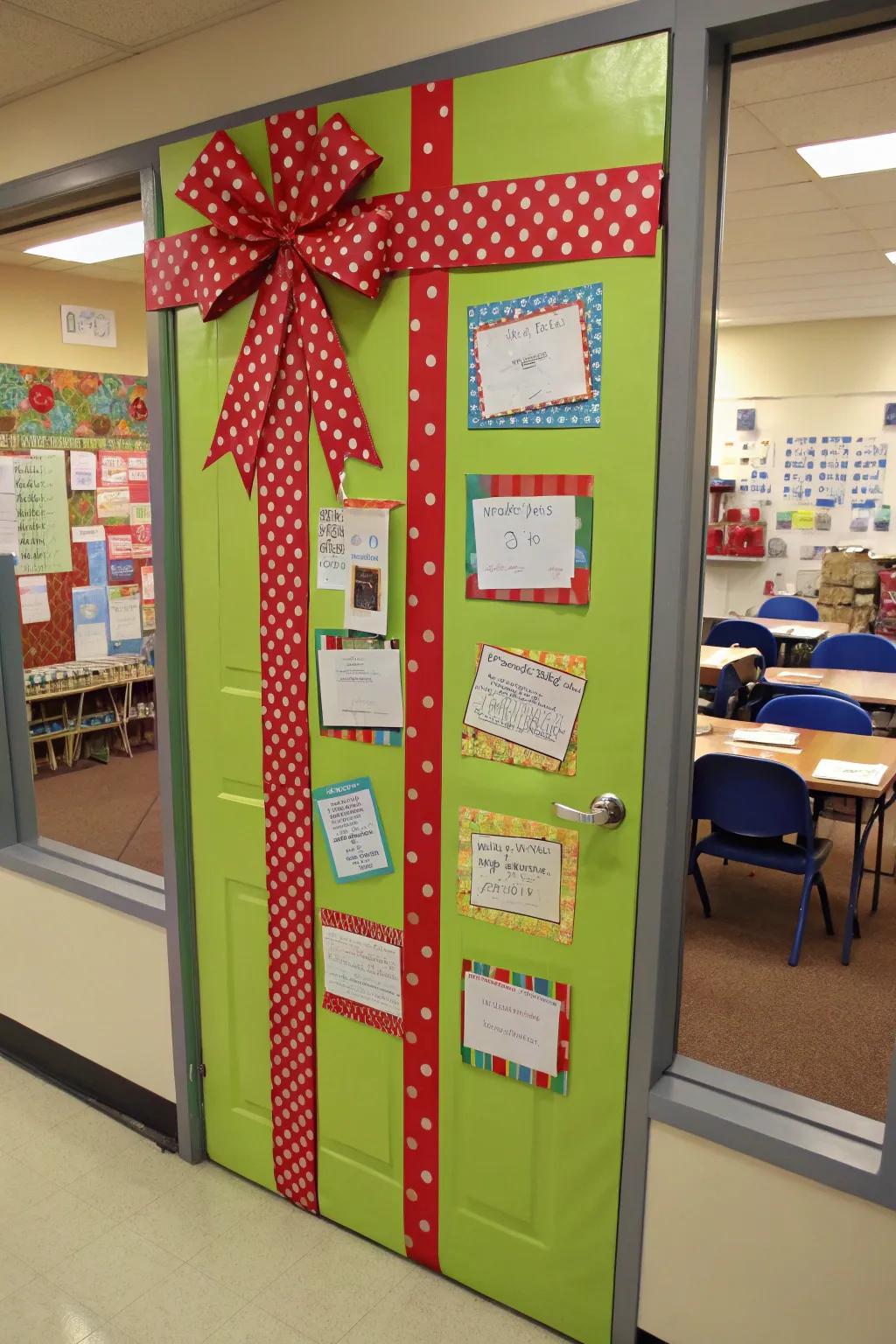 A classroom door wrapped as a festive gift box, personalized with student name labels.