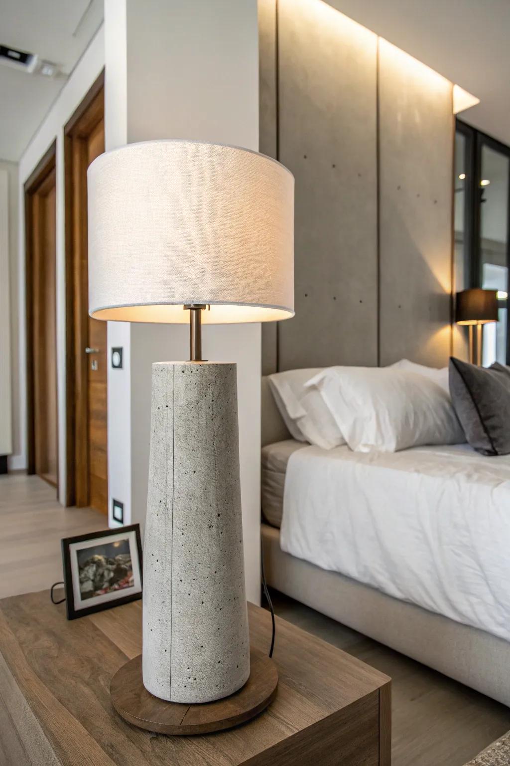 A simple cement lamp enhances the modern feel of a bedroom.