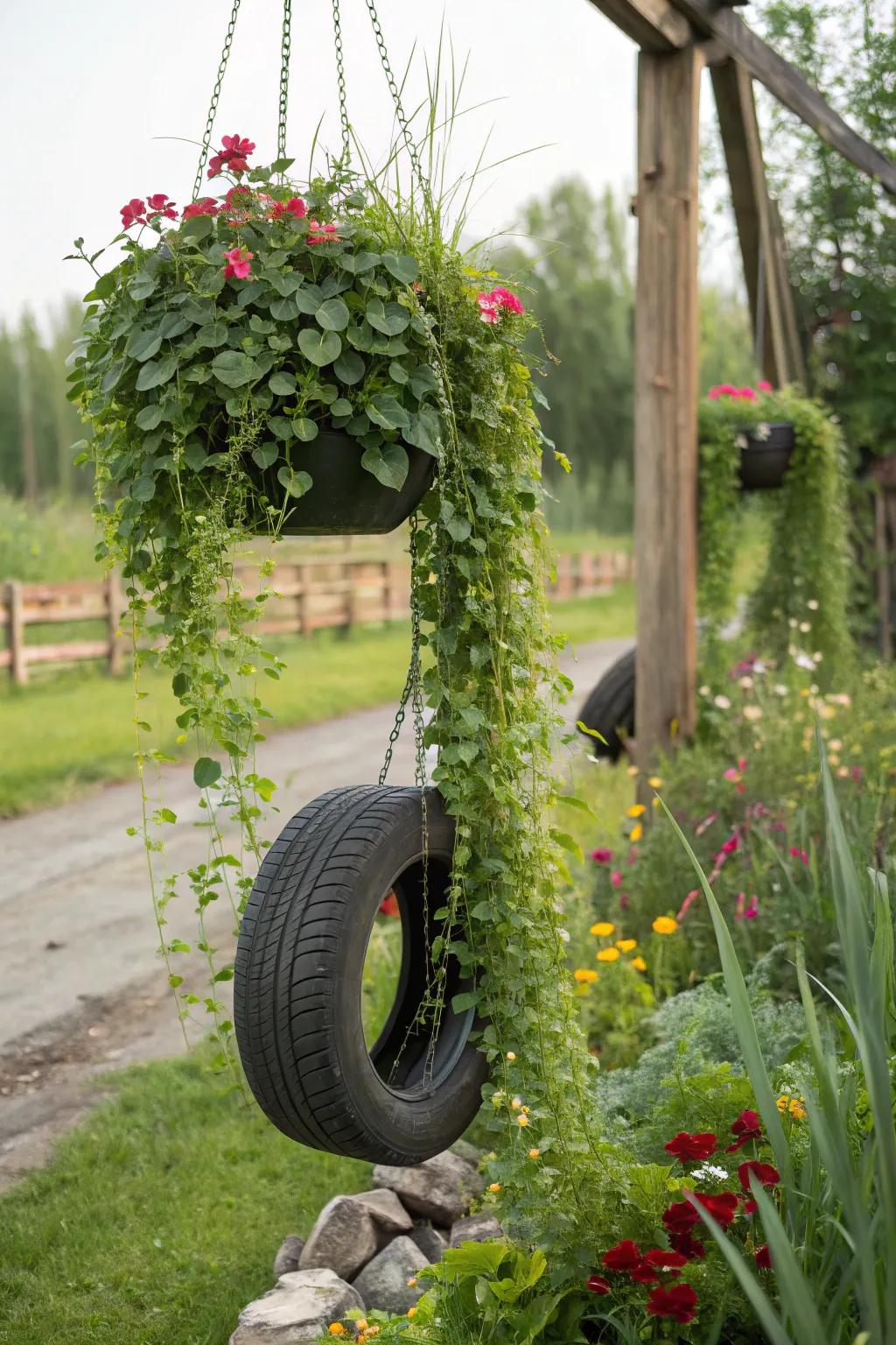 Playful dangling ring containers adding charm to the garden.