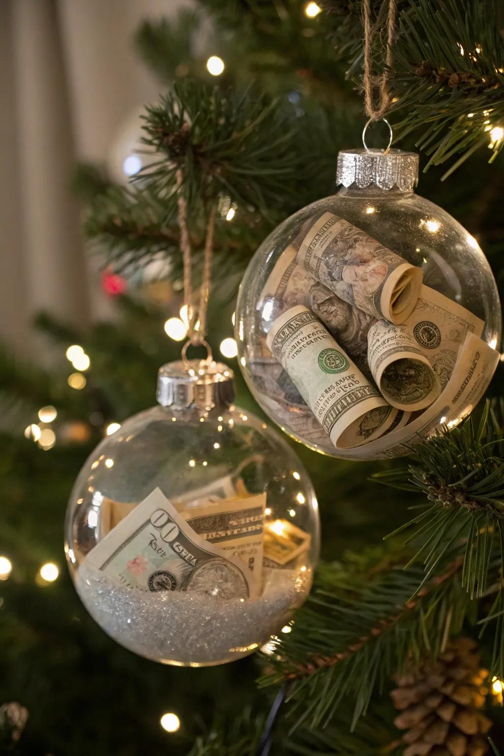 Baubles overflowing with currency introduce sparkle and surprise.