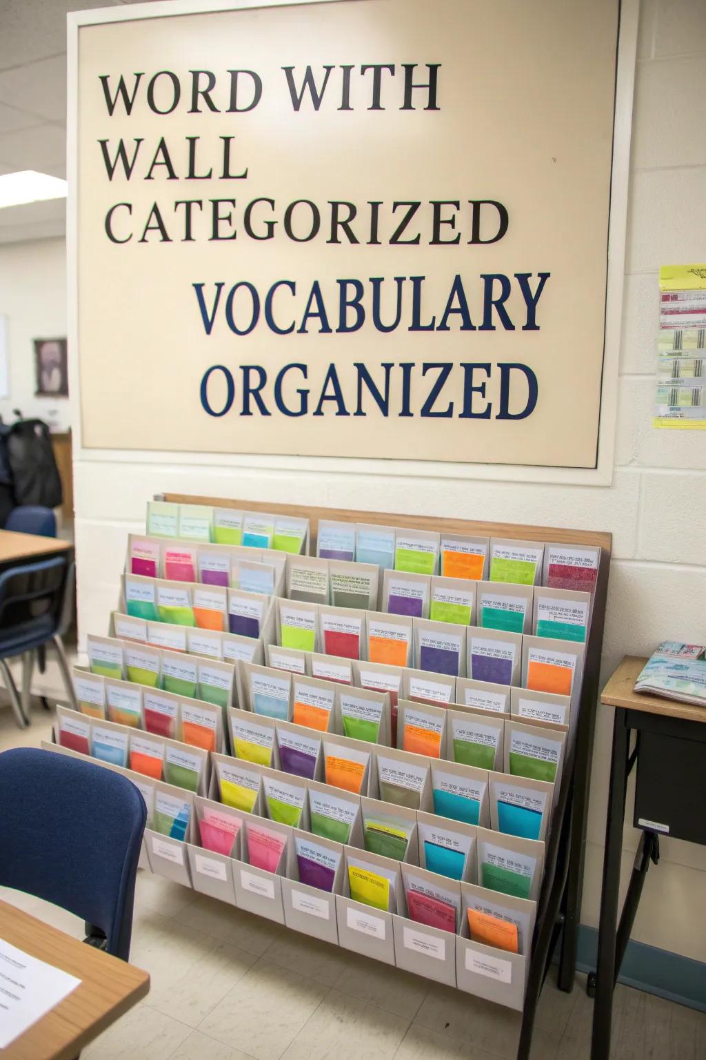 An elegantly organized word wall featuring alphabetically arranged vocabulary