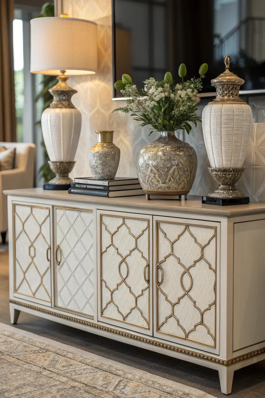 A credenza with a symmetrical arrangement for visual balance.