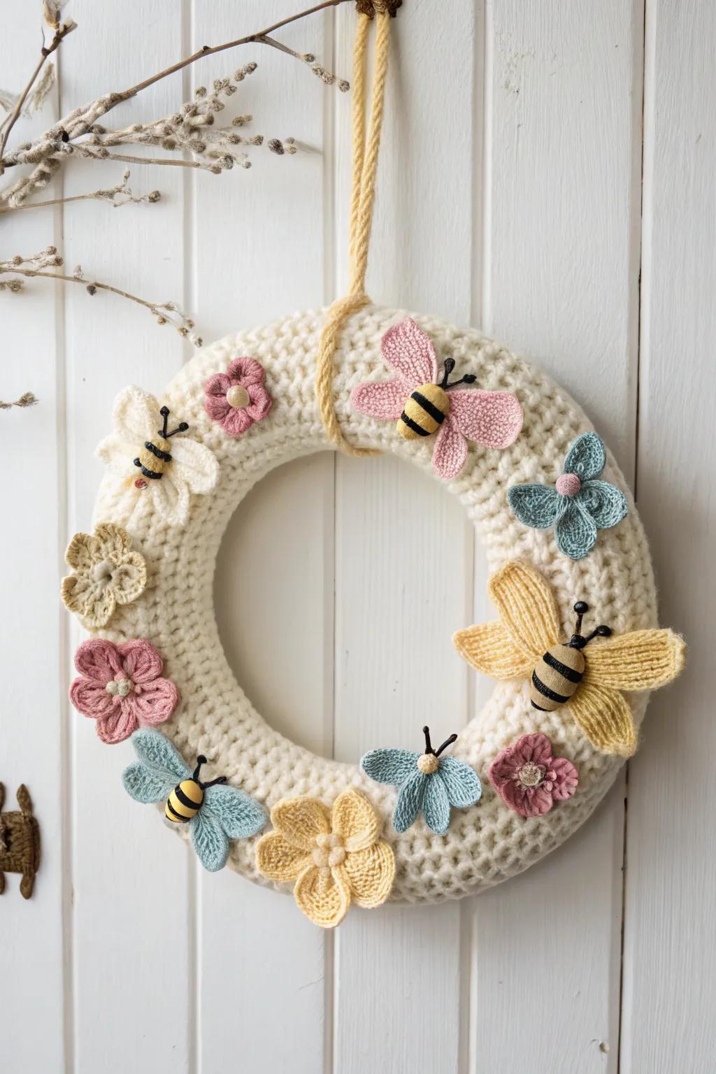 Infuse your space with playfulness with a crochet wreath featuring charming bees and butterflies.