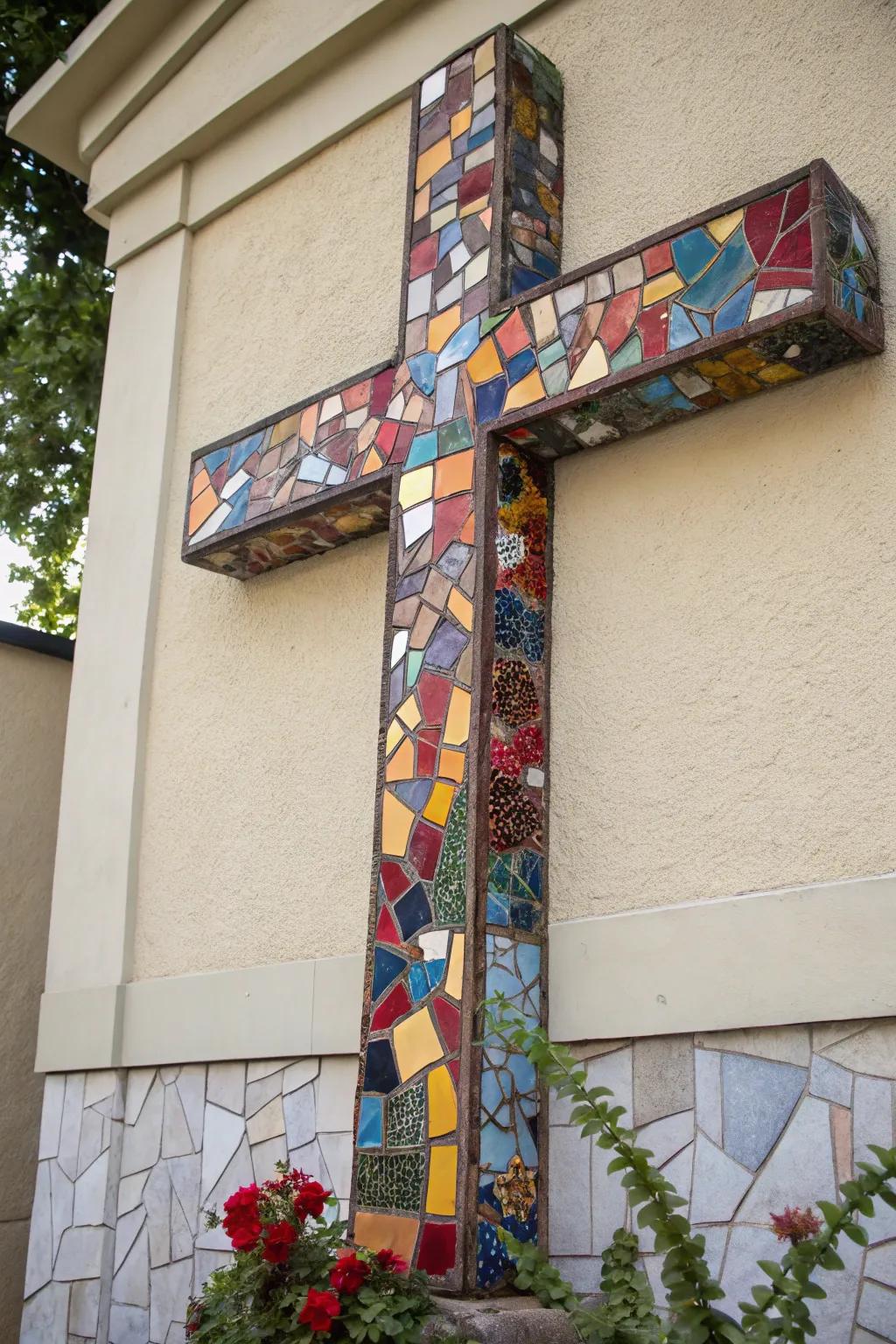 Cross decorated with a vibrant tile square creation