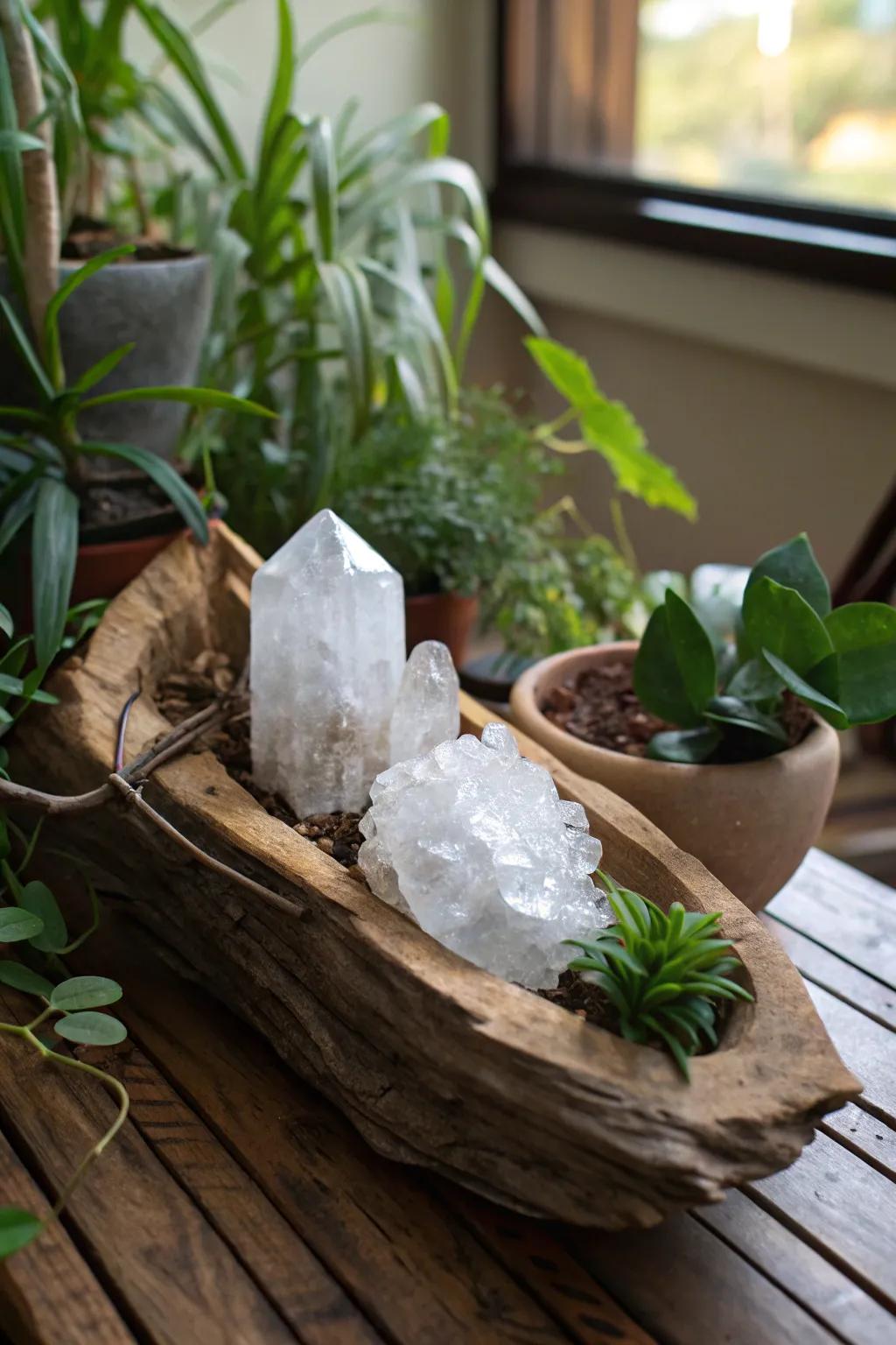 Observe how crystals and natural elements merge to evoke an earthy ambiance.