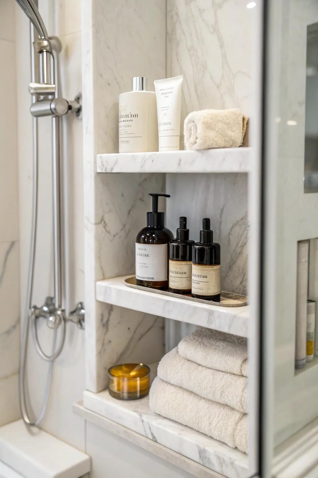 Integrated storage delivers practical storage solutions in cultured marble showers.