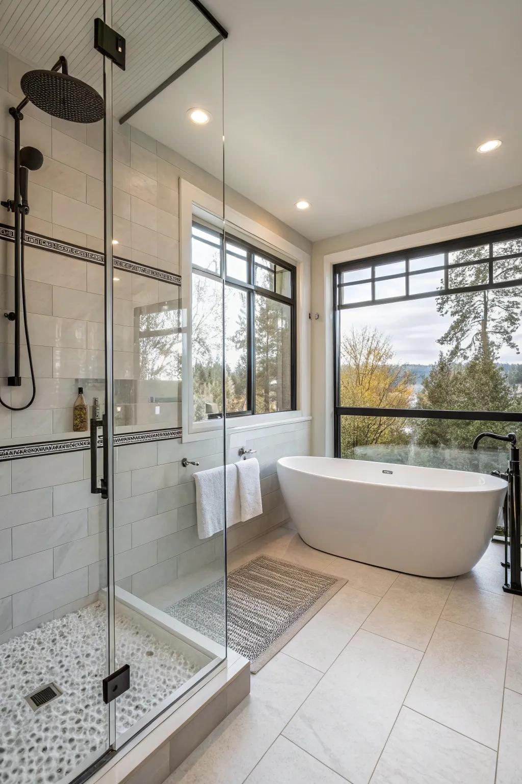 A freestanding tub enhances the luxurious essence of this curbless shower space.
