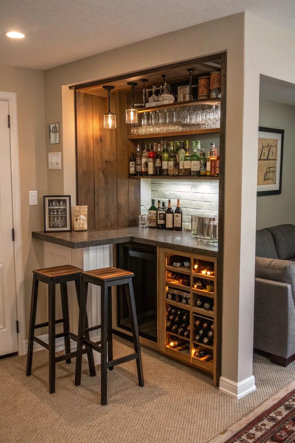 A streamlined dwelling bar effectively utilizing a petite area.