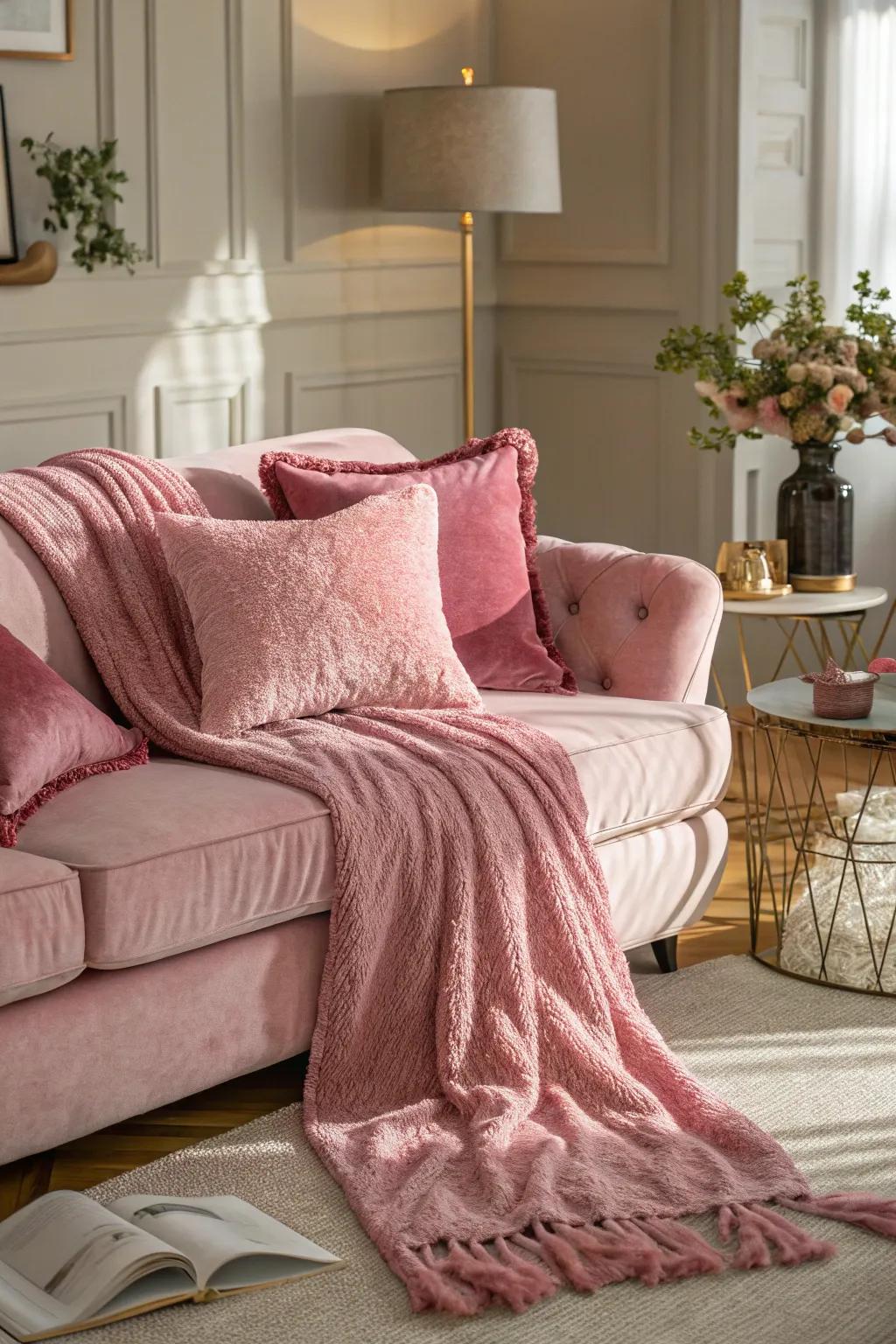 Lavish rose textures introduce warmth and elegance into the shared space.