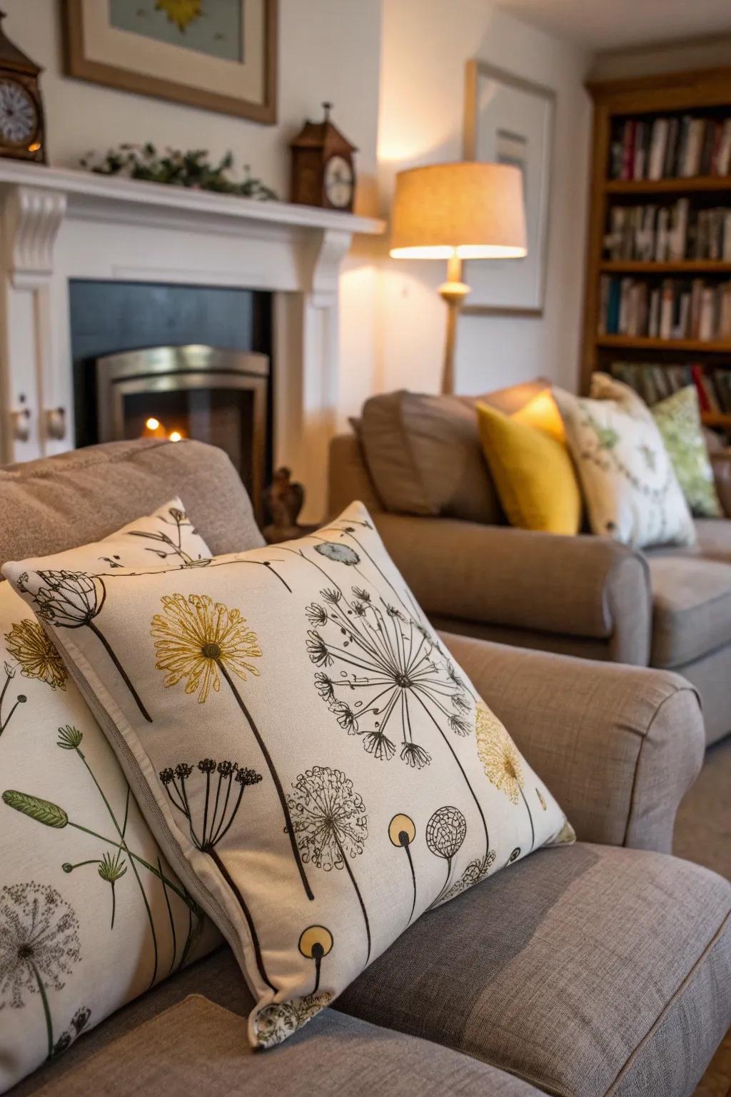 Quirky dandelion cushions add a playful touch to any room.