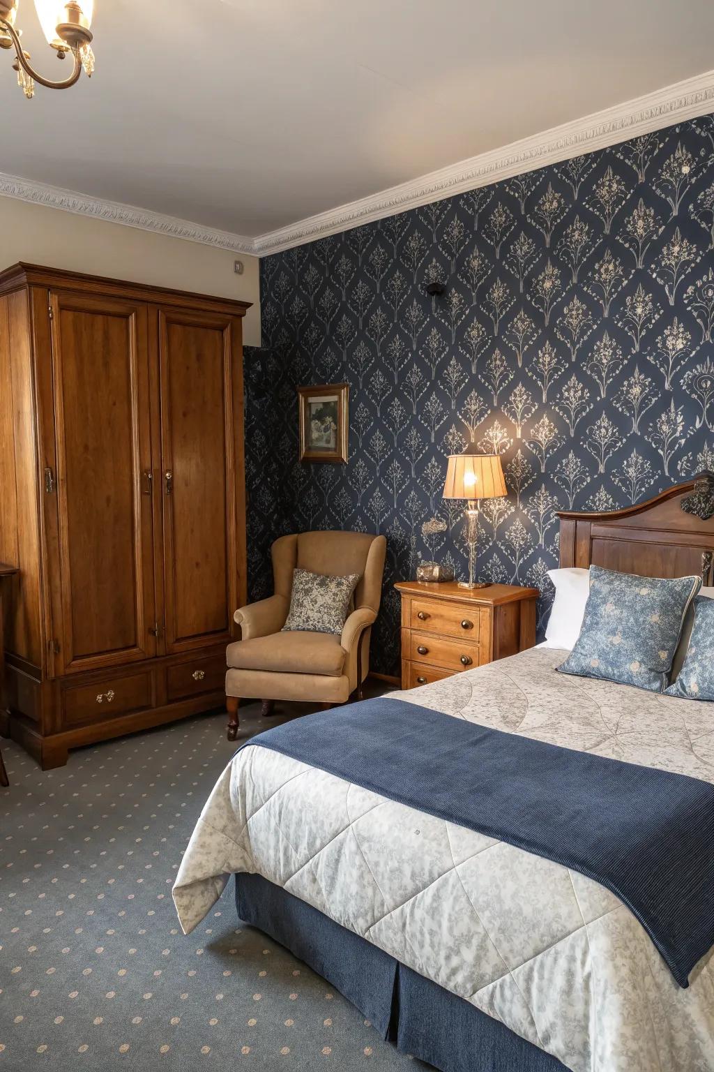 Craft a nostalgic setting with vintage dark blue wallpaper.