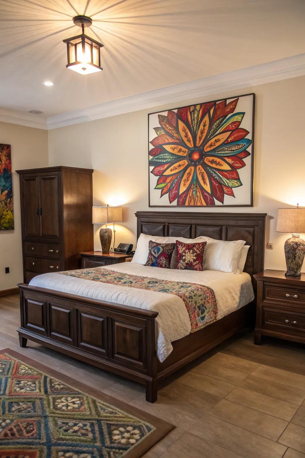 Art produces a striking focal point against deep brown furnishings.