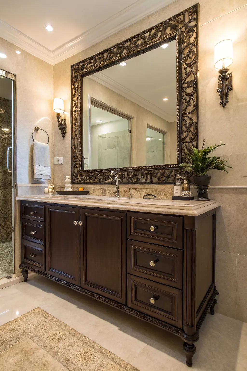 An eye-catching mirror infuses personality into a dark brown vanity setup.