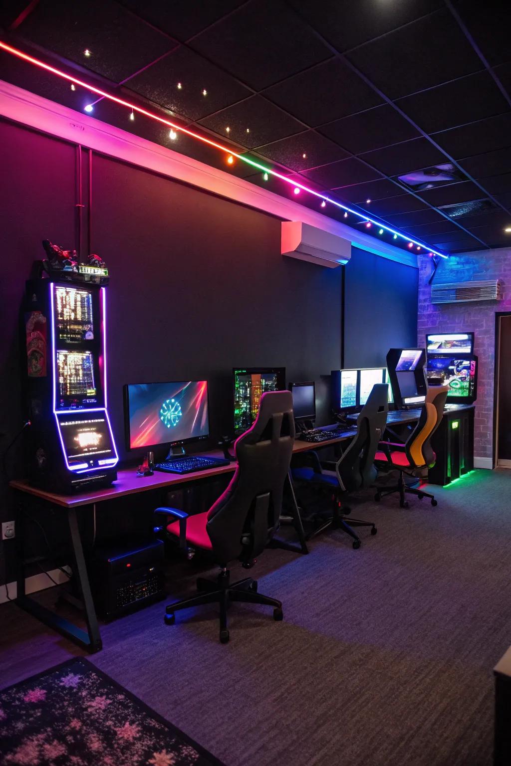 Shadowy aesthetics contrasted with colorful lighting create a stunning visual impact.