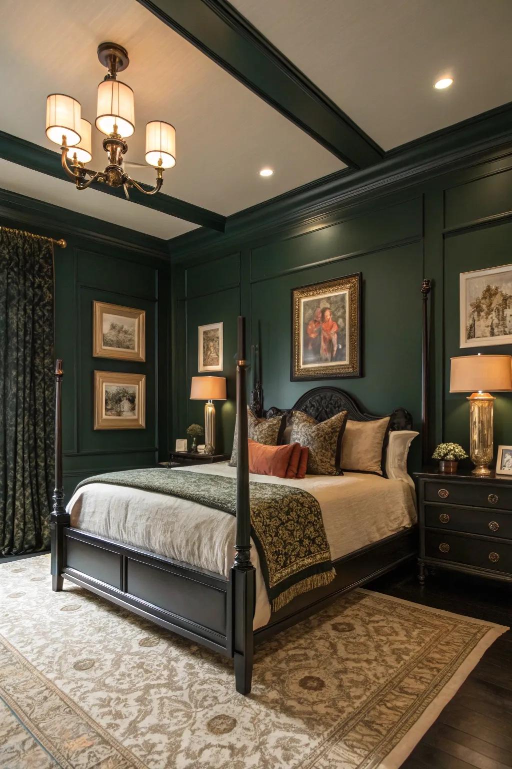 Dark green walls with black trim create a striking architectural effect.