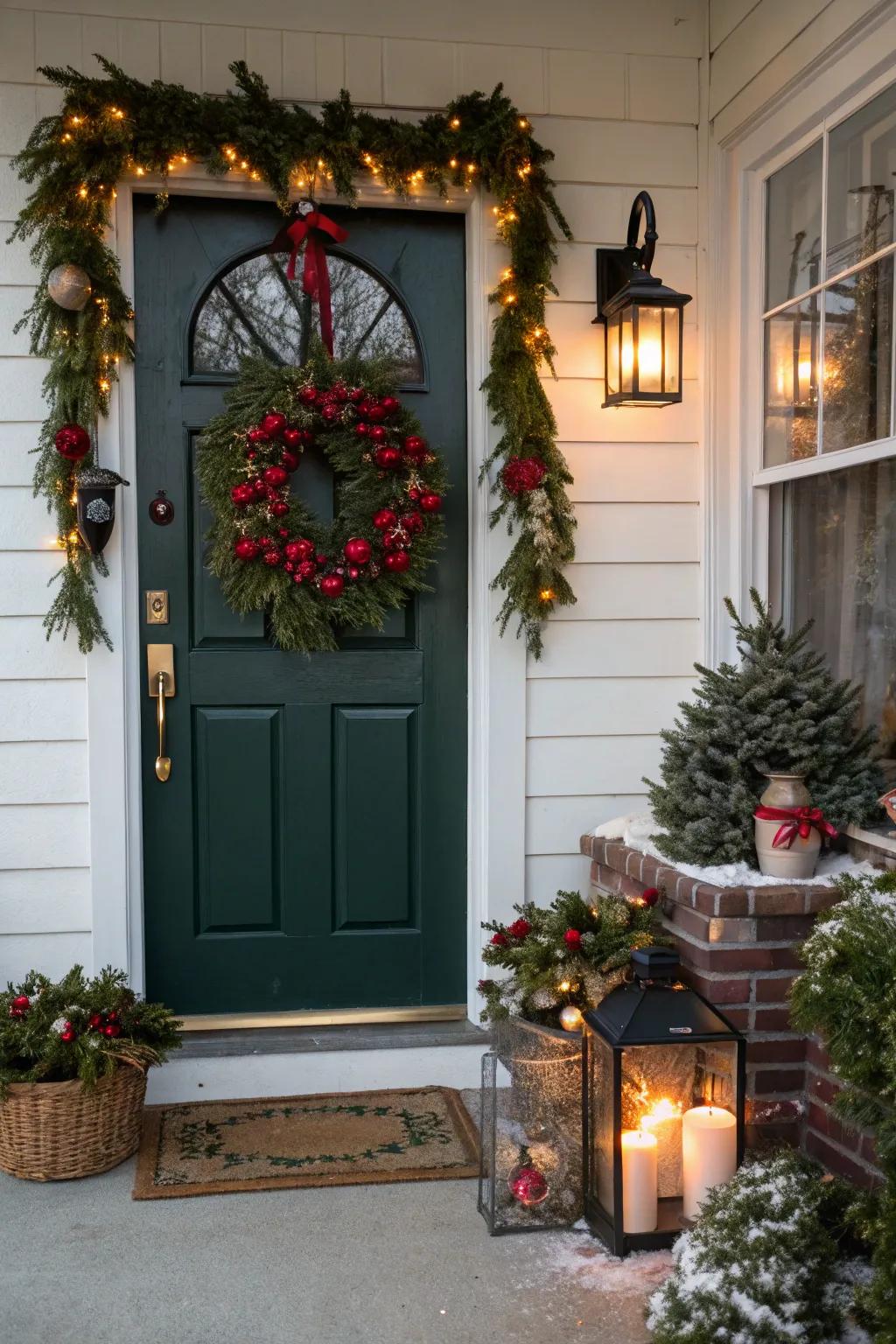 A seasonal garland brings celebratory joy to the entrance.