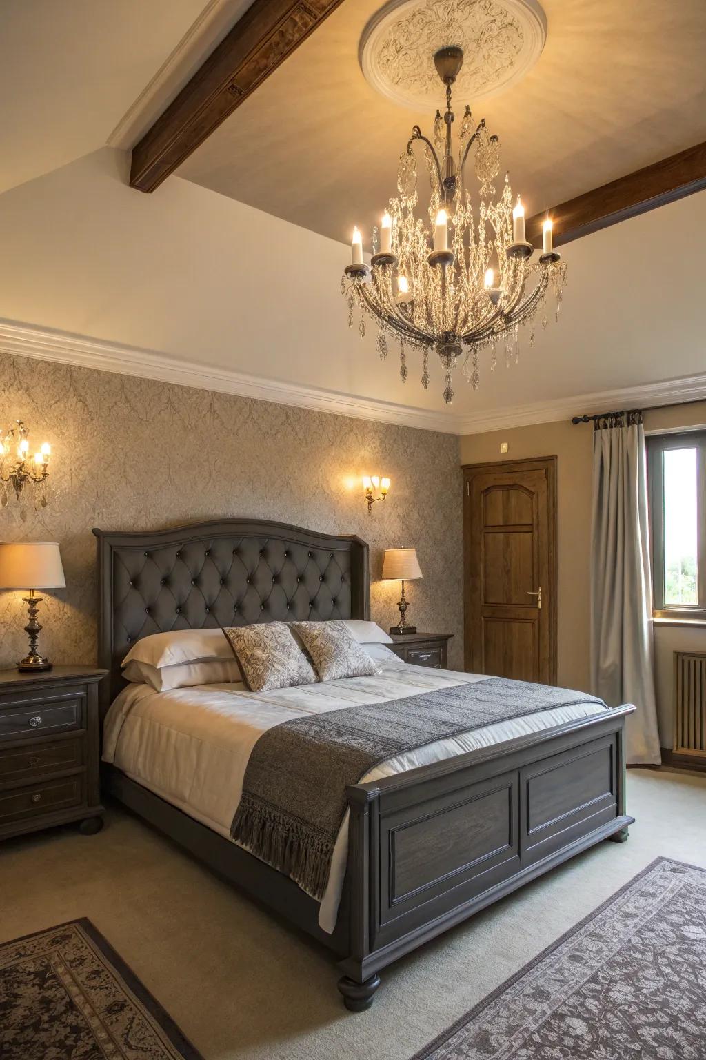 A bedroom featuring a dark grey bed frame, accentuated by refined lighting.