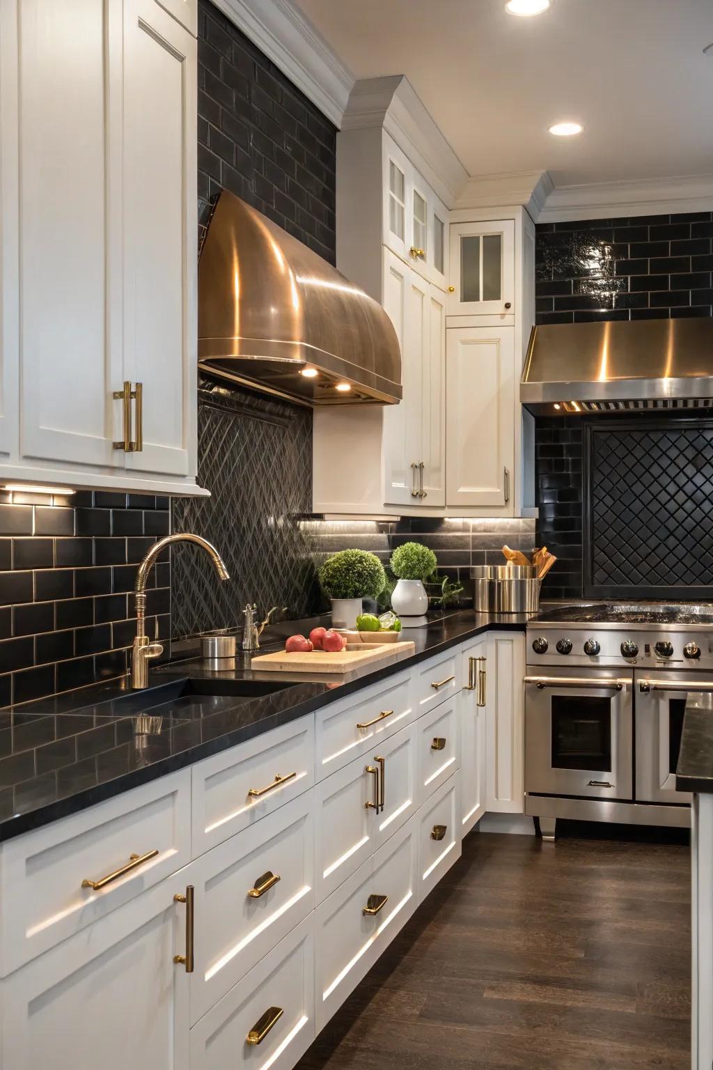 A sophisticated kitchen presents a dark backsplash accentuated by lustrous metallic details.