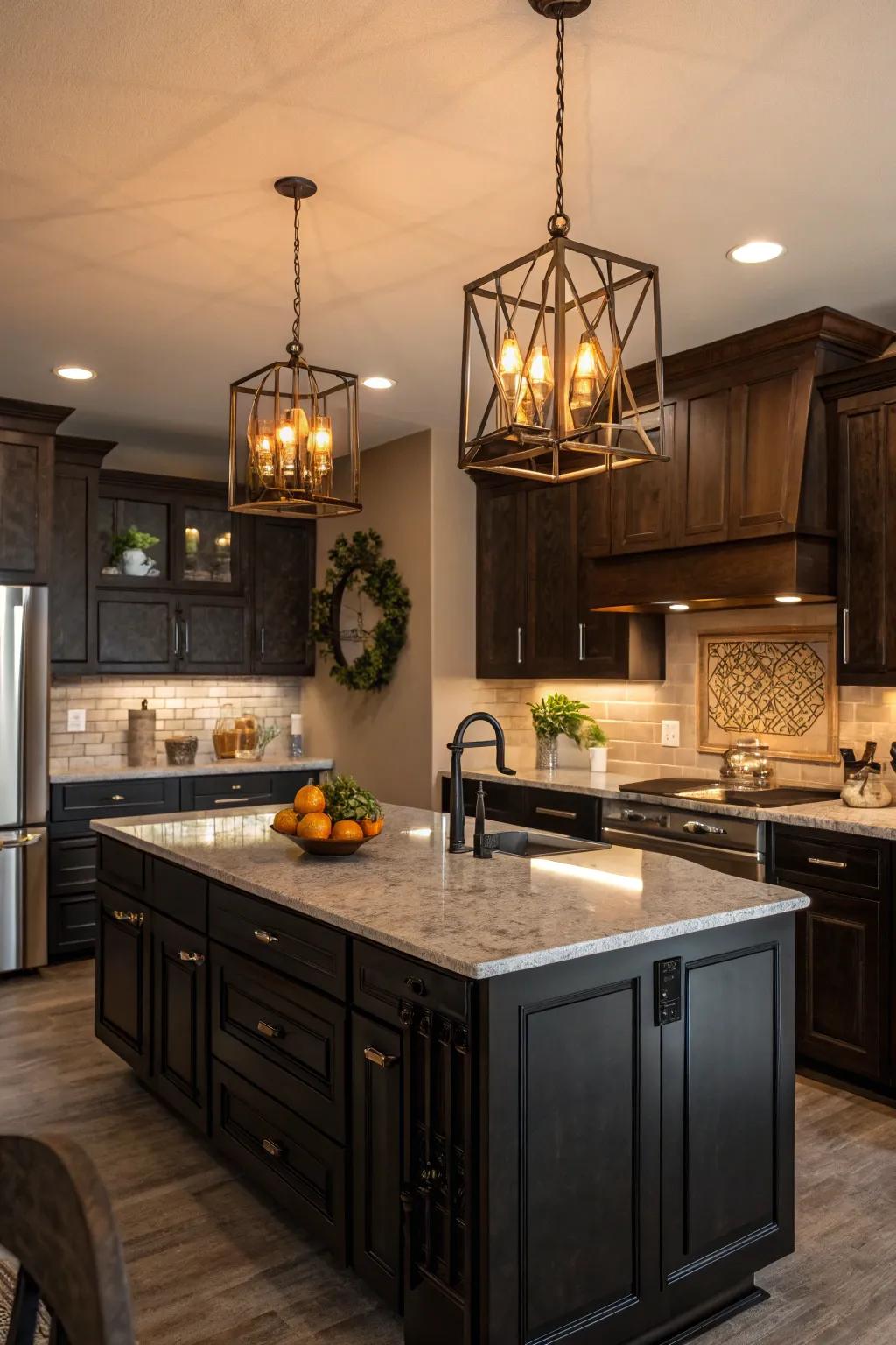 Warm drop lighting beautifully accentuates the kitchen's shadowy elements.
